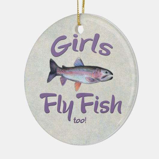 女の子は魚を飛ばしますも! ニジマスのはえの魚釣り セラミックオーナメント (左)