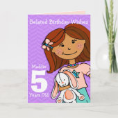 女の子は5歳の誕生日の女の子ダークヘアパープル カード (正面)
