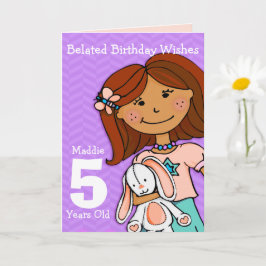 女の子は5歳の誕生日の女の子ダークヘアパープル カード
