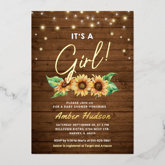 女の子ひまわり素朴秋赤ちゃんシャワー金ゴールド 箔招待状 (正面)