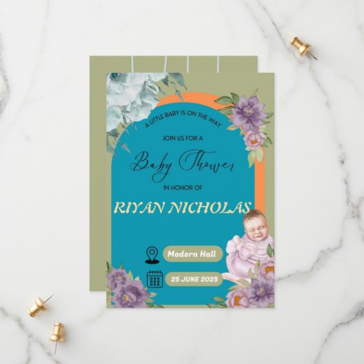 女の子または男の子のためのベビーシャワー招待状 セーブザデート (正面/裏面インサイチュ)