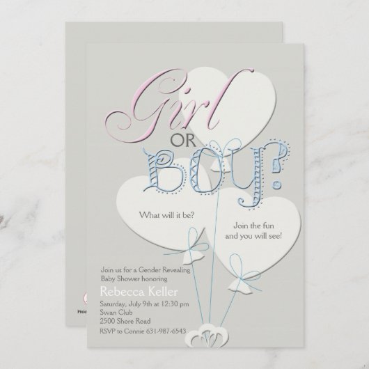 女の子または男の子の性はベビーシャワーの招待状を明らかにします 招待状 (正面/裏面)