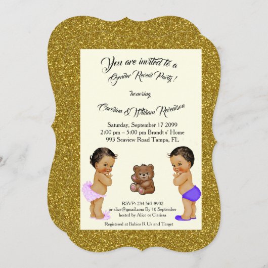 女の子または男の子の性は、金ゴールド、トレンディー明らかにしましたり、耐えましたり、ぴかぴか光ります 招待状 (正面/裏面)