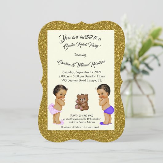 女の子または男の子の性は、金ゴールド、トレンディー明らかにしましたり、耐えましたり、ぴかぴか光ります 招待状 (スタンド正面)