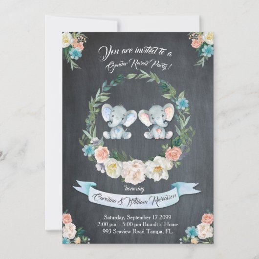 女の子または男の子の性別は、象、黒板、かわいい明かす 招待状 (正面)