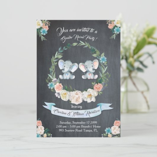 女の子または男の子の性別は、象、黒板、かわいい明かす 招待状 (スタンド正面)