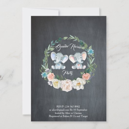 女の子または男の子の性別は、象、黒板、かわいい明かす 招待状 (裏面)