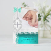 女の子または男の子の洗礼 翡翠 ティール 白レース フォト 招待状 (スタンド正面)