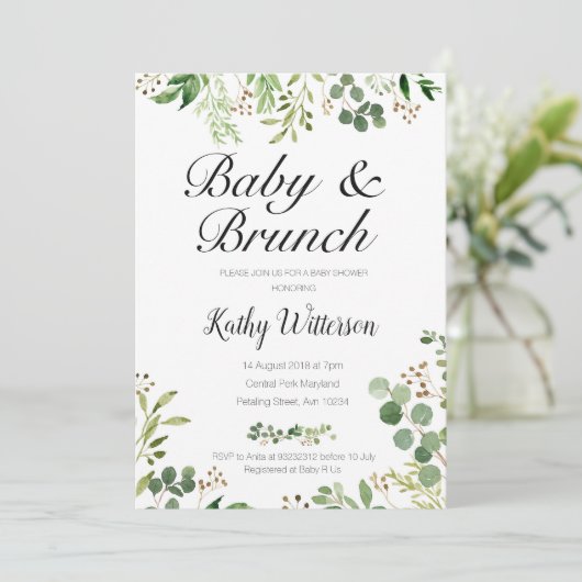女の子または男の子の緑の草木のベビーのブランチのシャワーの招待 招待状 (スタンド正面)
