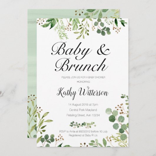 女の子または男の子の緑の草木のベビーのブランチのシャワーの招待 招待状 (正面/裏面)