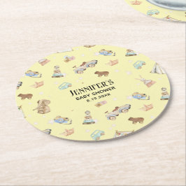 女の子または男の子の赤ちゃんシャワー、ヴィンテージ玩具、黄色 ラウンドペーパーコースター