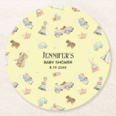 女の子または男の子の赤ちゃんシャワー、ヴィンテージ玩具、黄色 ラウンドペーパーコースター (正面)