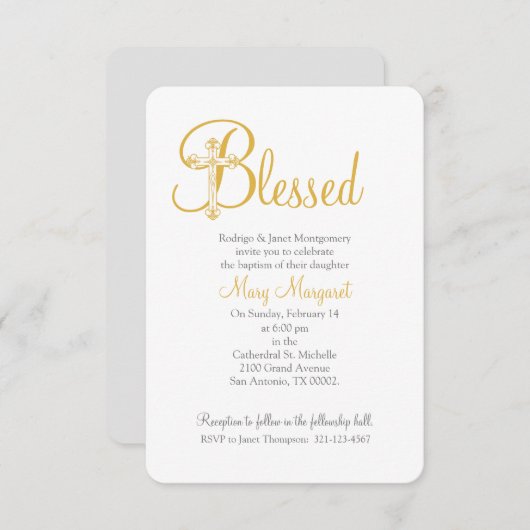 女の子または男の子の《キリスト教》洗礼式や命名式または洗礼金ゴールド十字 招待状 (正面/裏面)