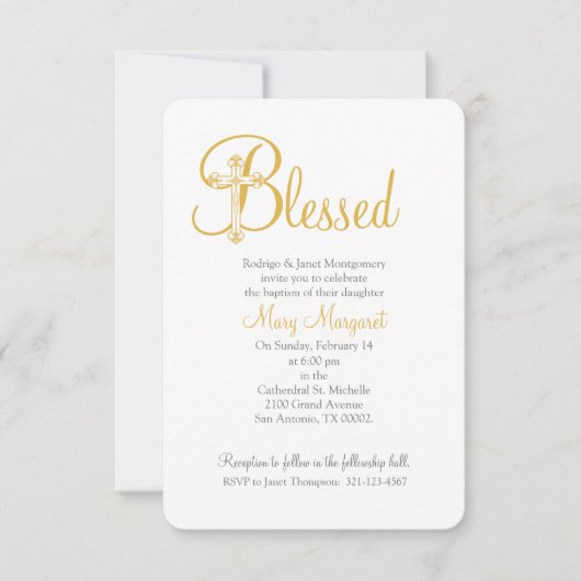 女の子または男の子の《キリスト教》洗礼式や命名式または洗礼金ゴールド十字 招待状 (正面)