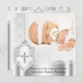 女の子または男の子バプテスシルバーホワイトレースフォトクロス 招待状 (正面/裏面)