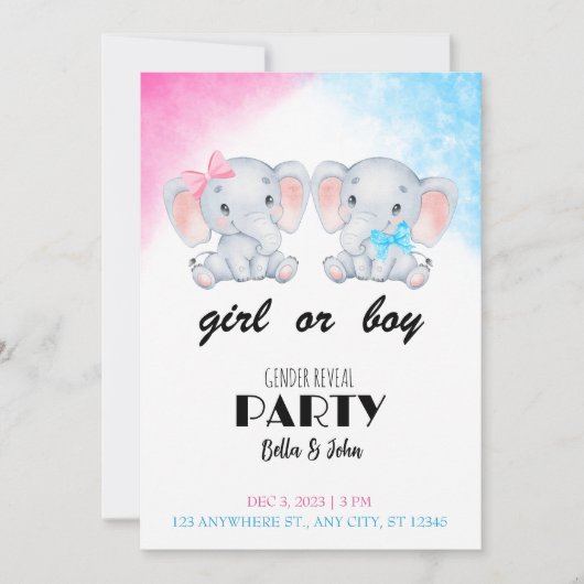 女の子または男の子ベビーゾウ性別リビール招待状 招待状 (正面)