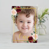 女の子または男の子1st誕生日パーティー写真フローラ 箔招待状 (立ち正面)