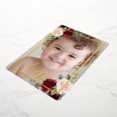 女の子または男の子1st誕生日パーティー写真フローラ 箔招待状 (回転した状態)