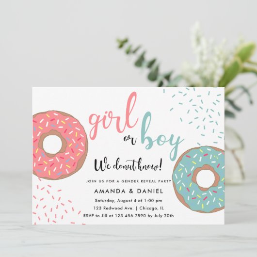 女の子または男の子/青またはピンクのドーナツ性別の表示 招待状 (スタンド正面)