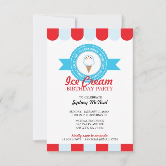 女の子または男の子ANY AGEアイスクリーム誕生日パーティー 招待状 (正面)