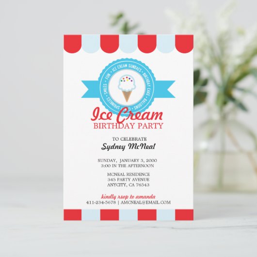 女の子または男の子ANY AGEアイスクリーム誕生日パーティー 招待状 (スタンド正面)