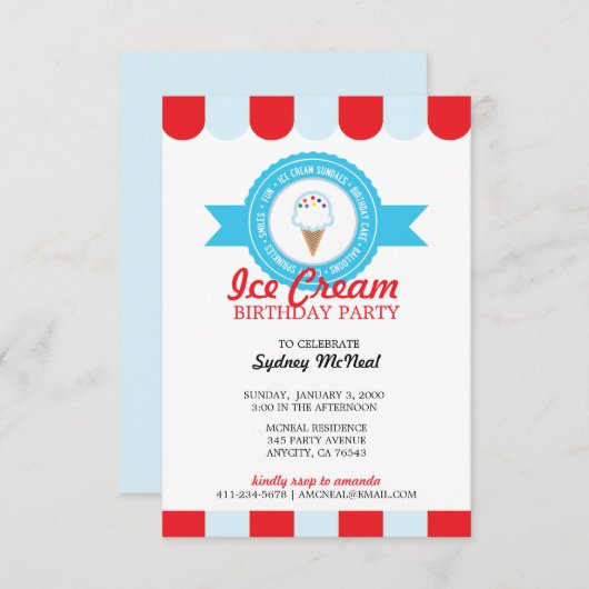 女の子または男の子ANY AGEアイスクリーム誕生日パーティー 招待状 (正面/裏面)