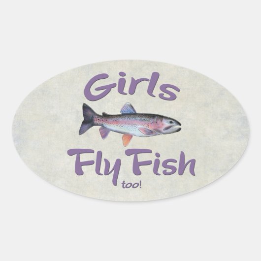 女の子も魚フライ!ニジマス釣り 楕円形シール (正面)