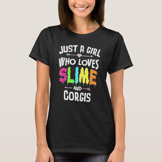 女の子や女性のためのスライムとコーギー Tシャツ (正面)