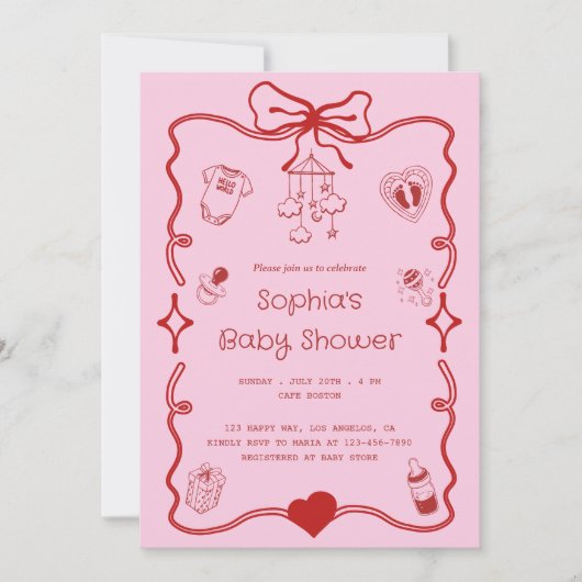 女の子や男の子のための可愛い赤とピンクの赤ちゃんシャワー 招待状 (正面)