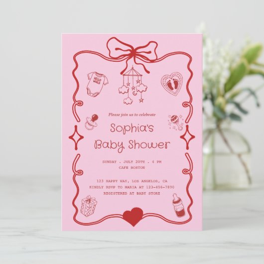女の子や男の子のための可愛い赤とピンクの赤ちゃんシャワー 招待状 (スタンド正面)