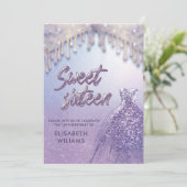 女の子らしいおしゃれなドレスがラベンダーパープルのグリッターで滴る 招待状 (スタンド正面)