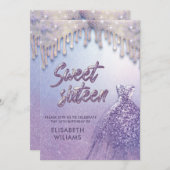 女の子らしいおしゃれなドレスがラベンダーパープルのグリッターで滴る 招待状 (正面/裏面)
