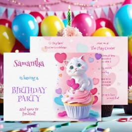 女の子らしいかわいい白い子猫とカップケーキの誕生日パーティー 招待状