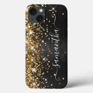女の子らしいきらめくゴールドブラックブラッシュドメタル iPhone 13ケース