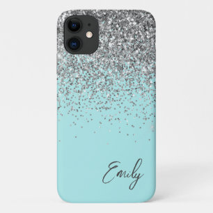 女の子らしいアクアブルーのシルバーグリッターのモノグラム iPhone 11 ケース