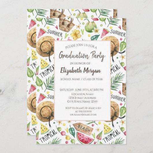 女の子らしいカラフルなビーチリラックス卒業パーティー 招待状 (正面/裏面)