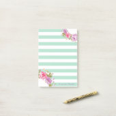 女の子らしいキュートな花柄、ミントグリーンストライプ、カスタマイズ可能 ポストイット (デスク上)