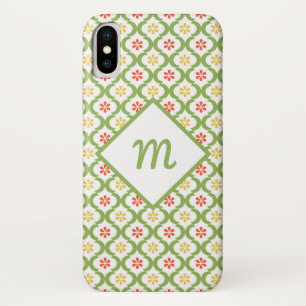 女の子らしいグリーン四葉模様の可愛いデイジーとモノグラム iPhone X ケース