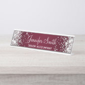 女の子らしいシルバーグリッター バーガンディ グラデーション デスクネームプレート (正面)