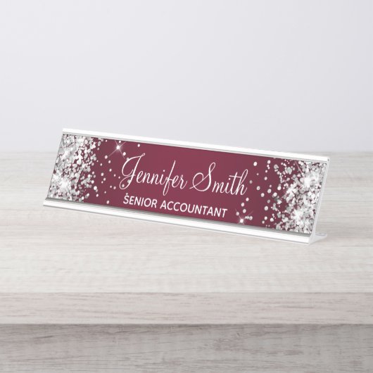 女の子らしいシルバーグリッター バーガンディ グラデーション デスクネームプレート (正面)