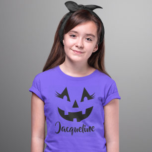 女の子らしいジャック・オ・ランタン 名前入り パープル ハロウィンTシャツ Tシャツ