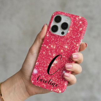 女の子らしいスパーキングホットピンクのラグジュアリーグリッターモノグラムネーム iPhone 15 PROケース