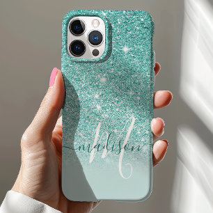 女の子らしいターコイズグリッターのモノグラム名前 iPhone 12ケース