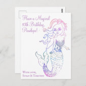 女の子らしいパープルウォーターカラーの人魚アート 誕生日おめでとう ポストカード (正面/裏面)