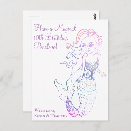 女の子らしいパープルウォーターカラーの人魚アート 誕生日おめでとう ポストカード (正面/裏面)