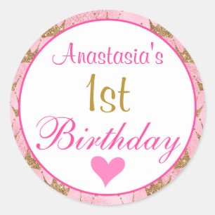 女の子らしいピンクとゴールドのラメ 1歳の誕生日 ラウンドシール