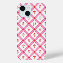 女の子らしいピンクと赤のイニシャル入りパターン iPhone 15ケース