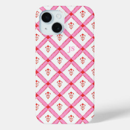 女の子らしいピンクと赤のイニシャル柄 iPhone 15ケース
