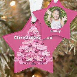 女の子らしいピンクのクリスマスツリーのデイト入り写真 スター オーナメント