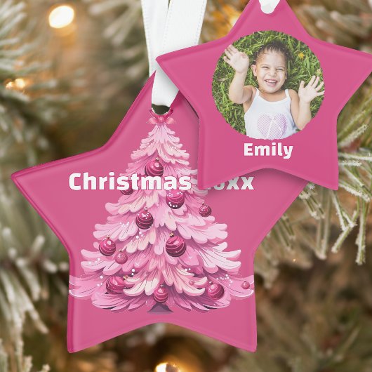 女の子らしいピンクのクリスマスツリーのデイト入り写真 スター オーナメント